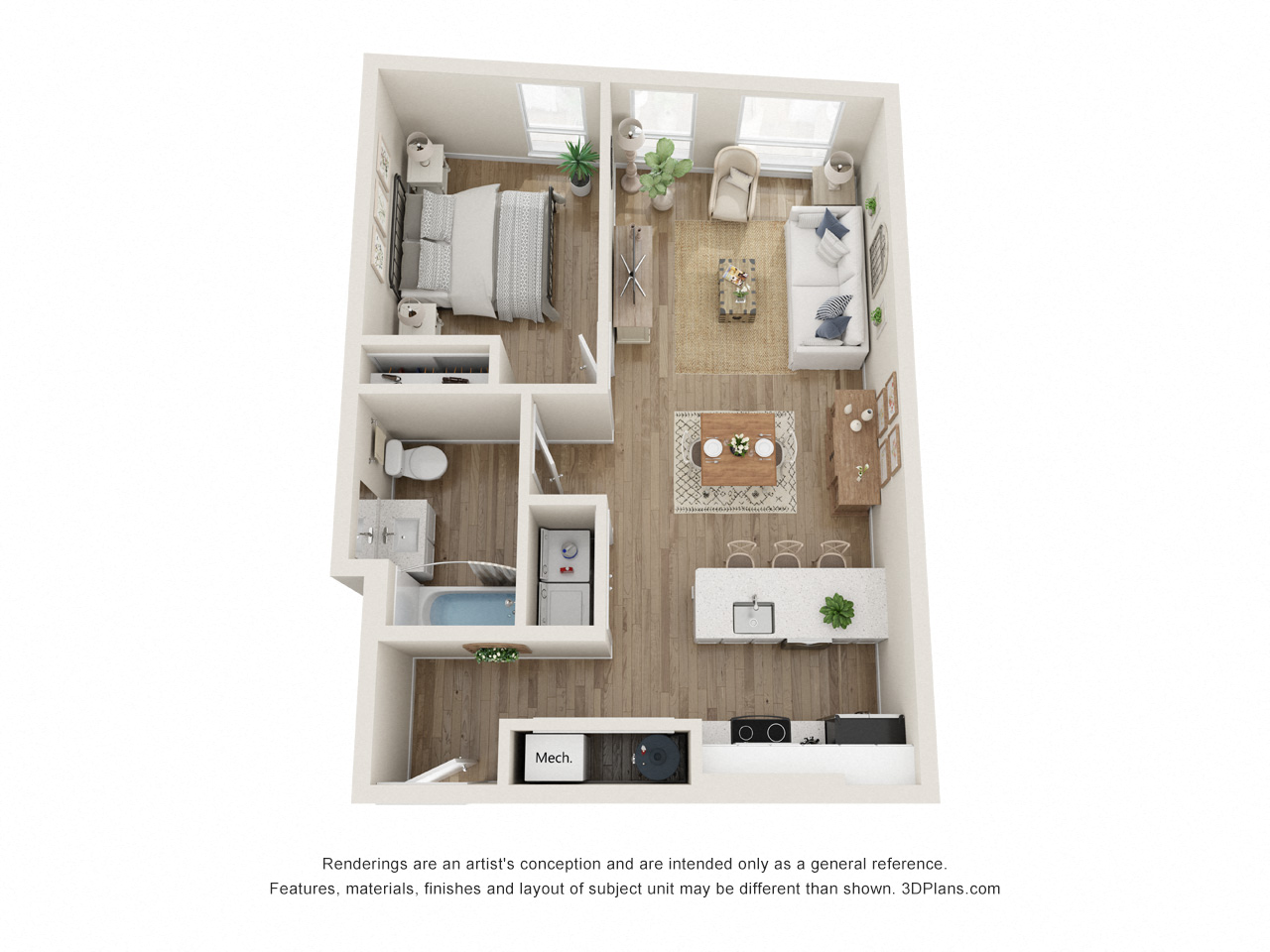 Floor plan for 1 bed, 1 bath, 631 sqft